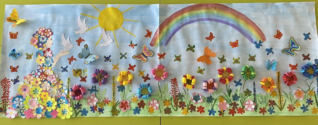 Colorful collage with rainbow, butterflies and flowers